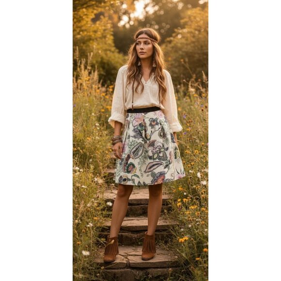 NWT Roberta Scarpa Whimsical Paisley Floral Elastic Waist Pleated Skirt Size 2 - Picture 9 of 16